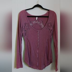 Free People Berry Colored Long Sleeve Shirt with Lace Cutouts